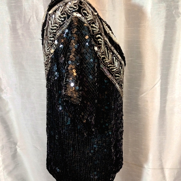 JLB Paris SILK Blouse, Silver Sequin/Beaded leaf pattern, Short Sleeves, M or 10 - Picture 3 of 8